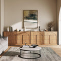 BELLEZE Sideboard Cabinet with 3 Drawers, Set of 4 Modern Wood Buffet Cabinet with Arc Design, Large Fluted Sideboard with Storage for Dining Room Living Room Entryway, Camel