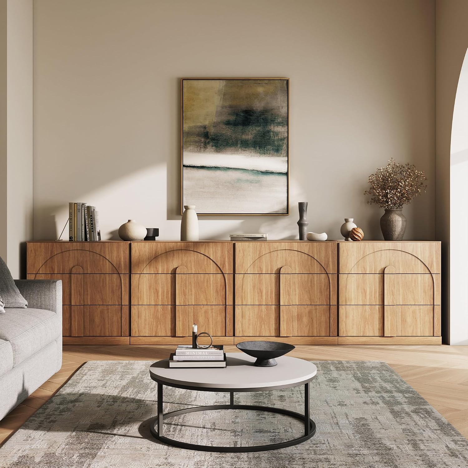 BELLEZE Sideboard Cabinet with 3 Drawers, Set of 4 Modern Wood Buffet Cabinet with Arc Design, Large Fluted Sideboard with Storage for Dining Room Living Room Entryway, Camel