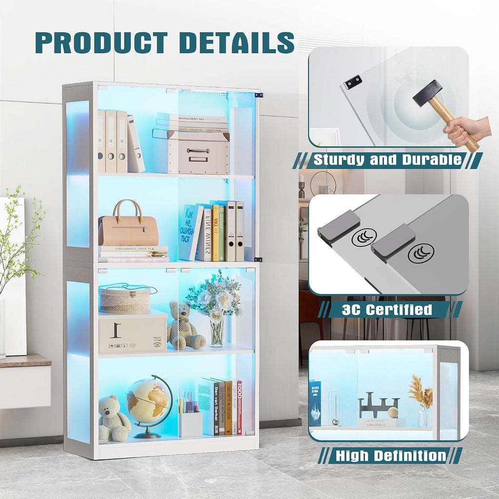Grepatio Glass Display Cabinet, 4-Tier Display Cases for Collectibles, Curio Cabinet with 12 Color Lights, Display Shelf Bookcase Kids Toy Cabinets for Collectible, Living Room, Playroom (White)