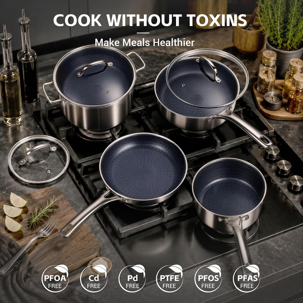 Ammeloo Hybrid Stainless Steel Cookware Set, 17-Piece Tri-Ply Pots and Pans Set Non Stick, Induction Kitchen Cookware Sets, Dishwasher & Oven Safe, PFOA Free, All Cooktops Compatible, Navy Blue