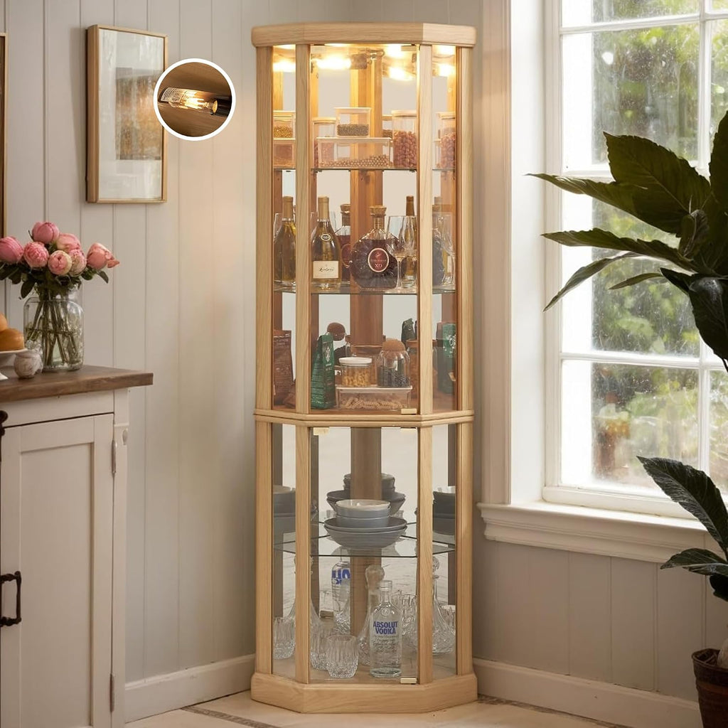 Corner Curio Cabinet, 70' H Lighted Glass Display Cage with Tempered Glass Doors and 5 Adjustable Shelves, Light Bulb Inclued, Wine Bar China Cabinet for Living Room (Light Oak)