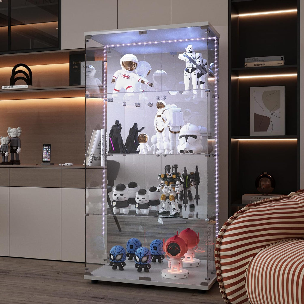 Modern Glass Display Cabinet 4-Shelf with LED Light,Mirror and Lock, 2 Door Curio Cabinets,Tempered Glass Collection Display Showcase for Living Room Home Office,30.9x13.5x64.6 H,White