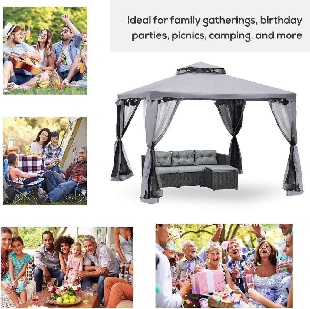 Outsunny 9.6' x 9.6' Patio Gazebo, Outdoor Canopy Shelter with 2-Tier Roof and Netting, Steel Frame for Garden, Lawn, Backyard, and Deck, Gray