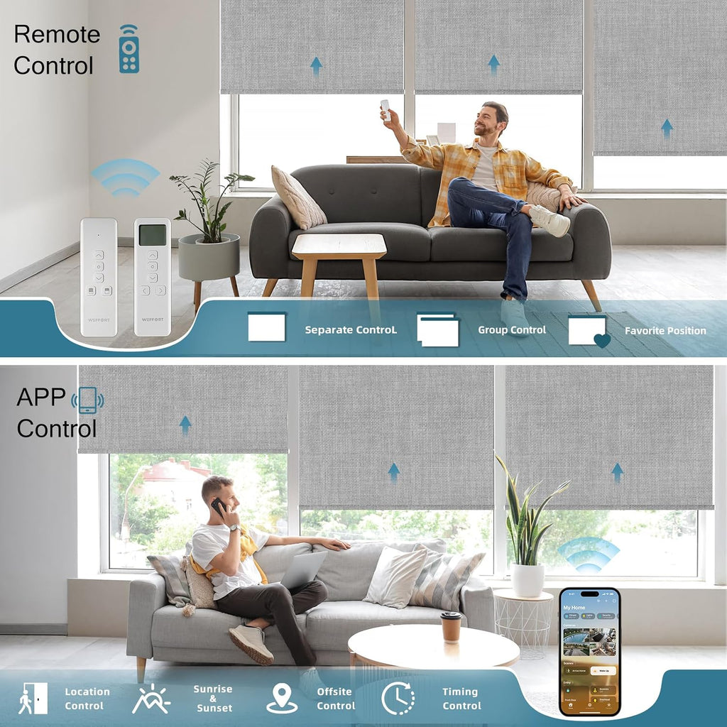 Motorized Roller Shade, 100% Blackout Smart Window Blinds Work with Homekit, Alexa, Google Home, Remote Control, Electric Blinds with USB/Solar Pannel Charging,Gentle Pale Grey