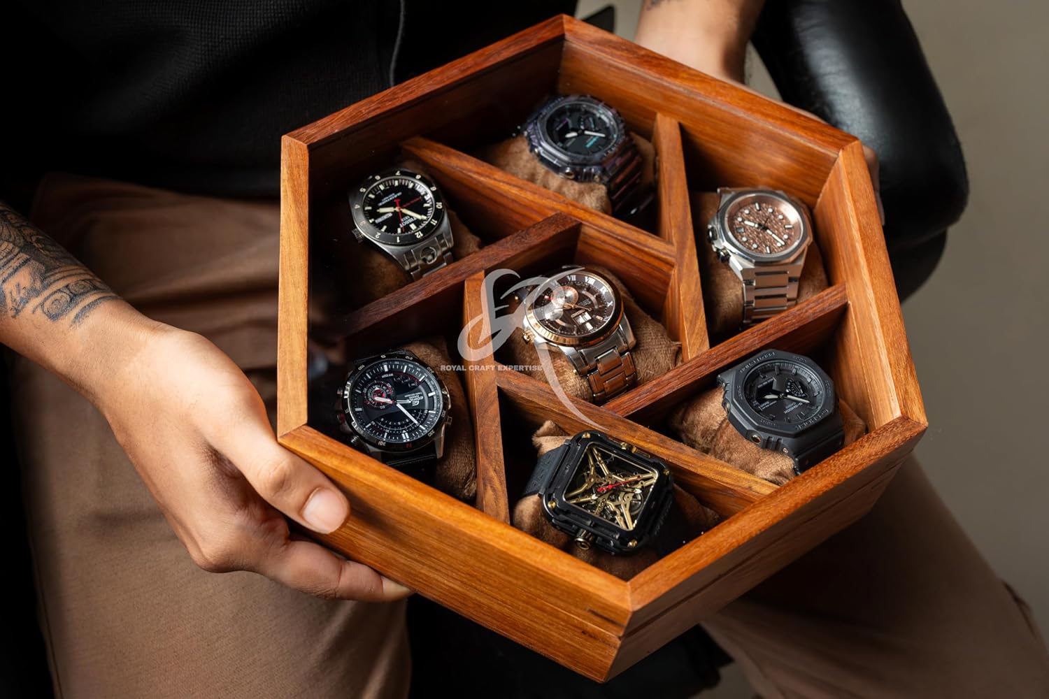 Royal Craft Expertise 7-Slot Honeycomb Wooden Watch Box – Handcrafted Indian Rosewood Timepiece Display Case | Unique Multipurpose Design with Glass Lid – Luxury Gift for Him