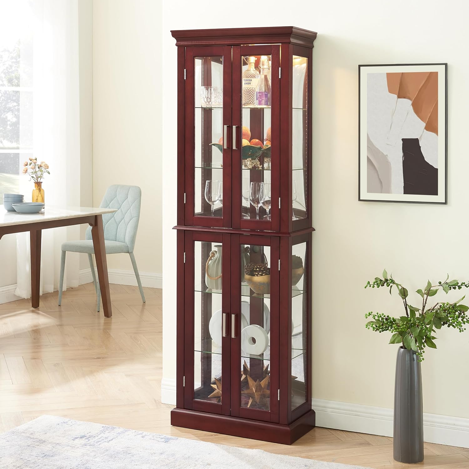 Ball & Cast Lighted Curio Cabinet,6-Tier Glass Display Cabinet with Adjustable Glass Shelves and Mirrored Back Panel for Living Room,E26 Light Blub not Included,Cherry