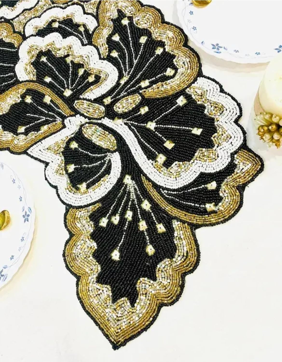 Beaded Handmade Table Runner, Black Gold White, Sequin Embellished, Floral Pattern, Elegant Dining Decor