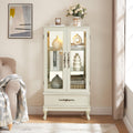 Glass Display Cabinet with Doors and Drawer, Lighted Curio Display Cabinet with Adjustable Glass Shelves and Mirrored Back Panel, Retro Floor Standing Storage Cabinets for Living Room, Antique White