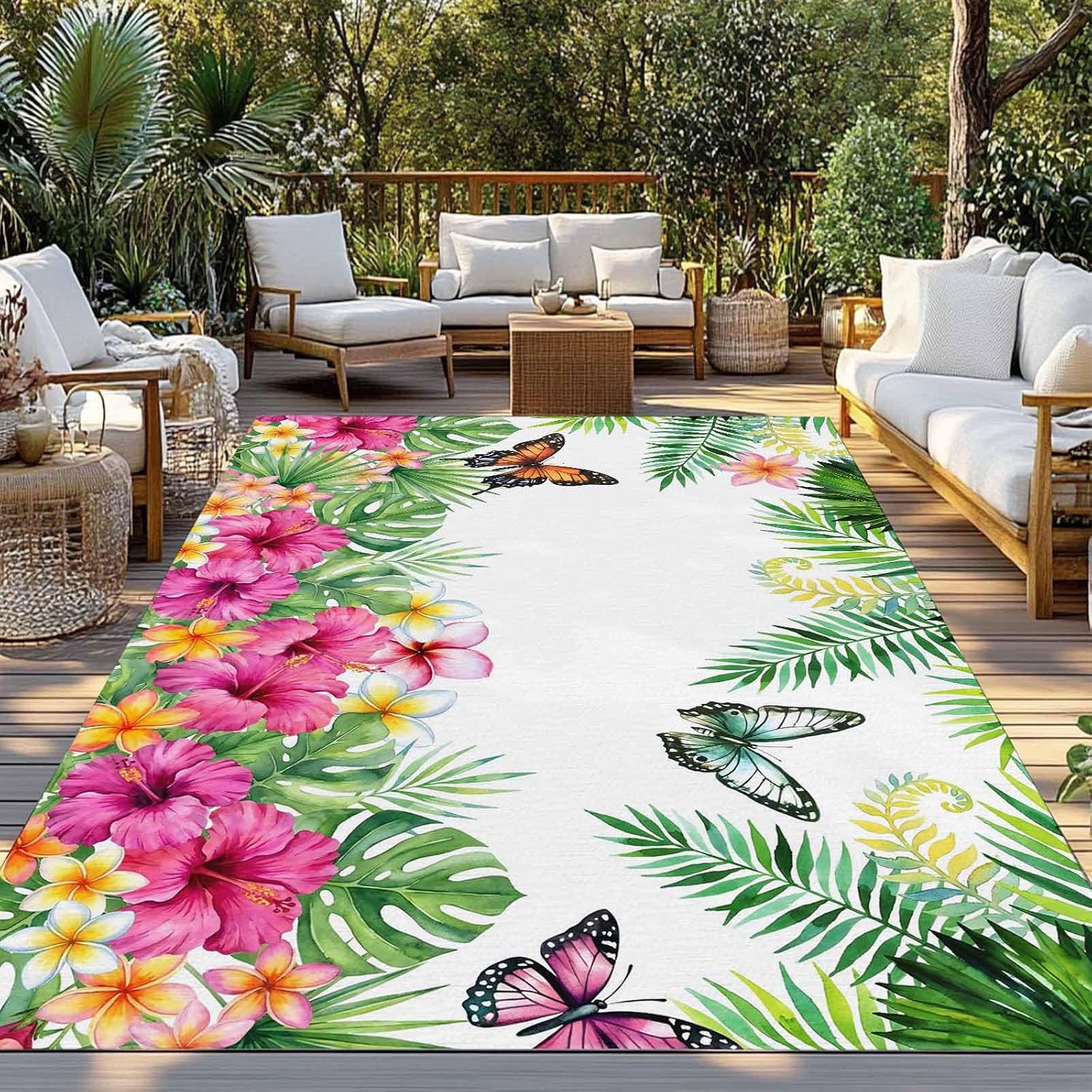 Outdoor Rug 6x9ft Summer Flower Leaf Butterfly Patio Area Rugs Waterproof Easy Cleaning Non Shedding Thick Mats Pastoral Floral Plant Carpet for Indoor Outdoor Porch Deck Backyard Balcony