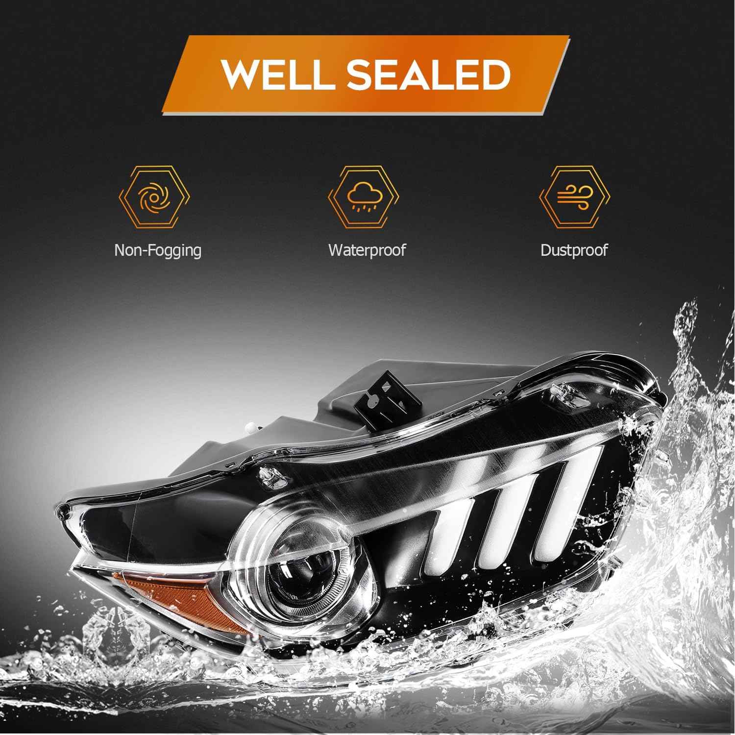 Headlights Fit 2015-2020 for Mustang Driver & Passenger Side Headlight Assembly Black Housing Amber Reflector FO2518124