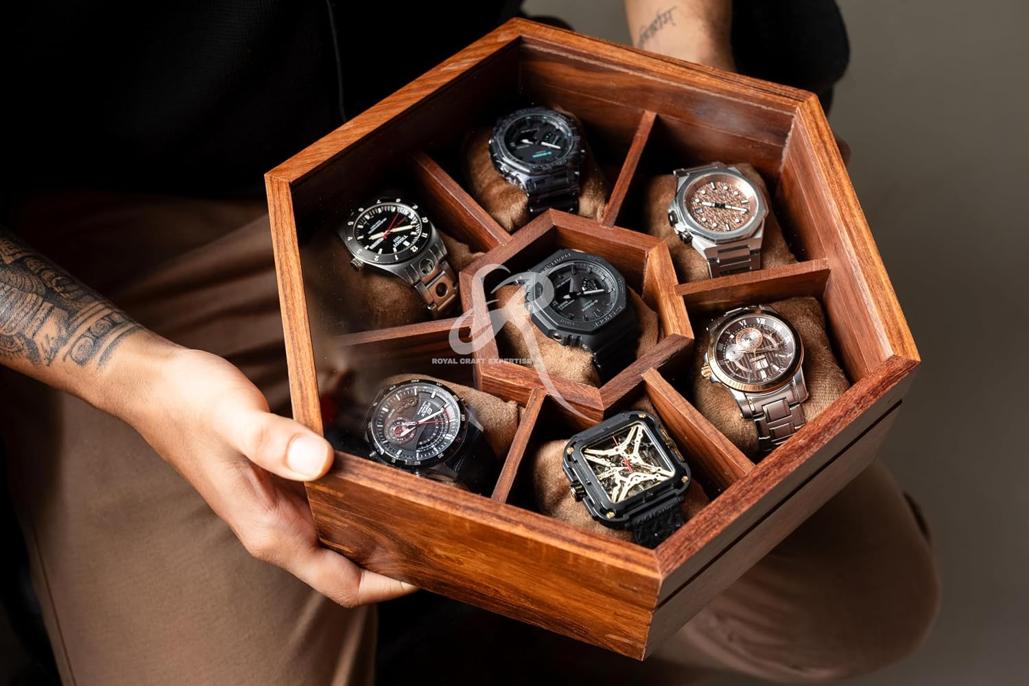Premium 7-Slot Wooden Timepiece Display Case – Handcrafted Honeycomb Watch Box for Men in Superior Indian Rosewood | Hinged Glass Cover – Father's Day Gift – Luxury Built to Last
