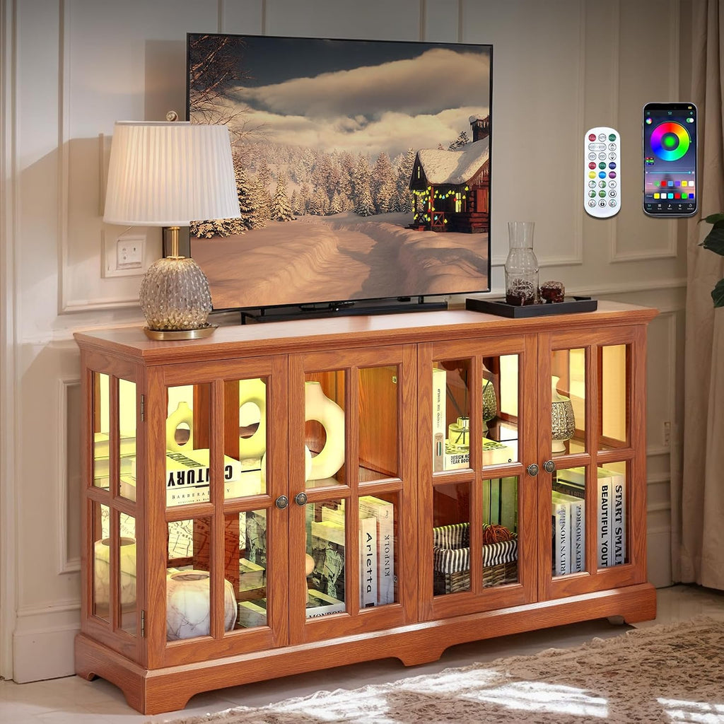 59' W LED Curio Cabinet with 7 Color Lights, Vintage Glass Display Case with Glass Doors, Smartphone-Controlled, Short Wooden China Cabinet with Adjustable Shelves for Living Room, Entryway (Dark Oak)