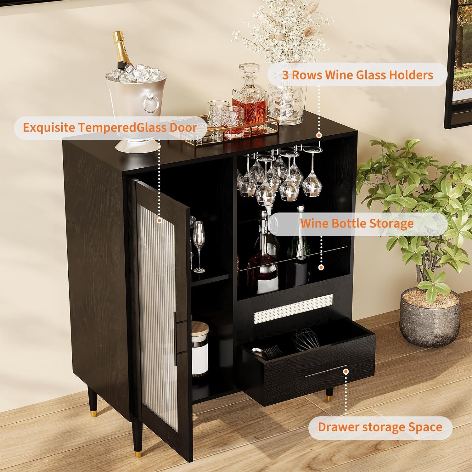 GarveeHome Modern Wine Bar Cabinet with Wine Glass Rack, Glass Door Display and Drawers, Coffee Bar & Liquor Cabinet with Storage, Buffet Sideboard Table for Home, Kitchen, Dining Room, Living Room