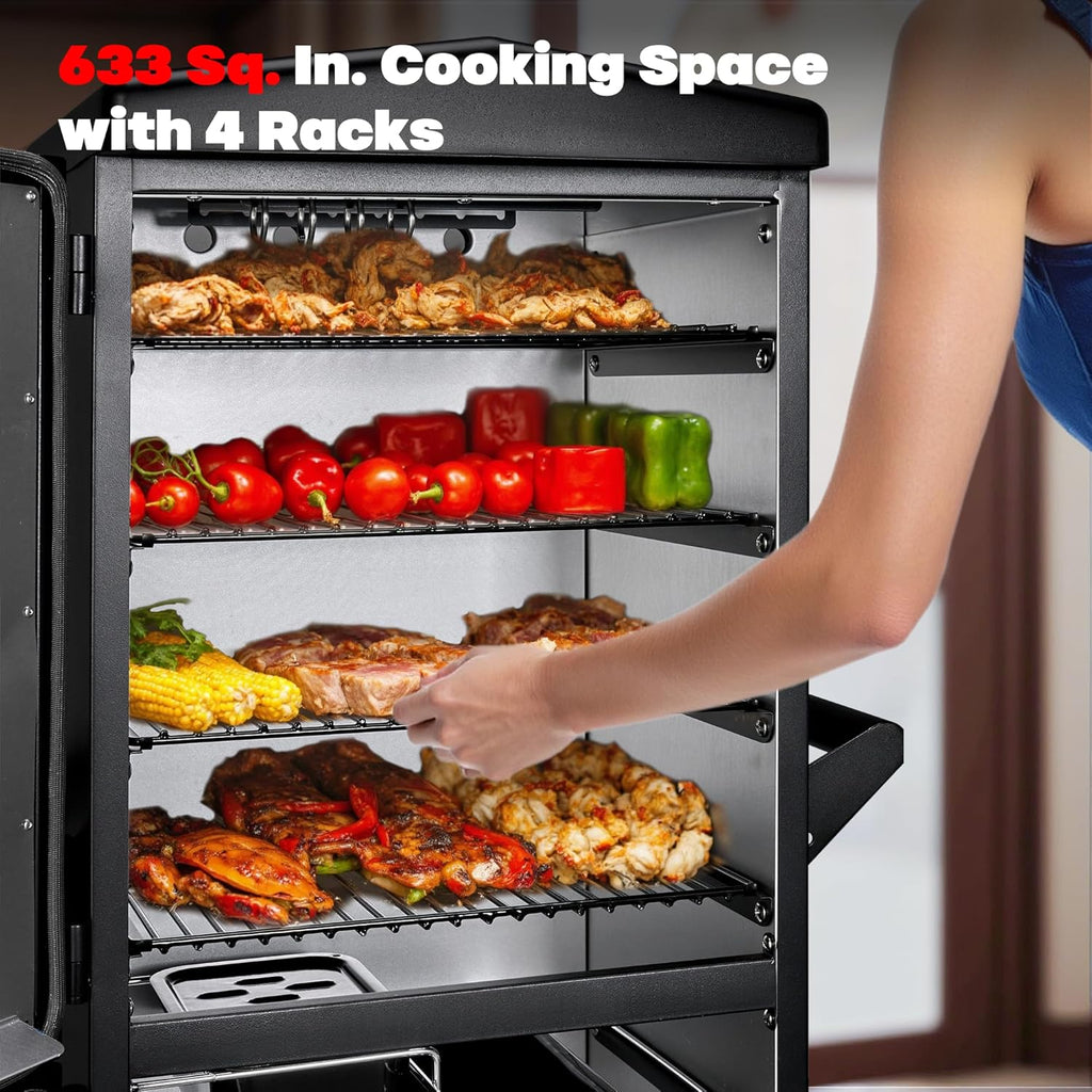 Digital Electric Smoker with Cover, LED Display Build in Meat Probe Large Capacity BBQ Smokers, 4 Racks Smoke More with 633 sq in Cooking Area
