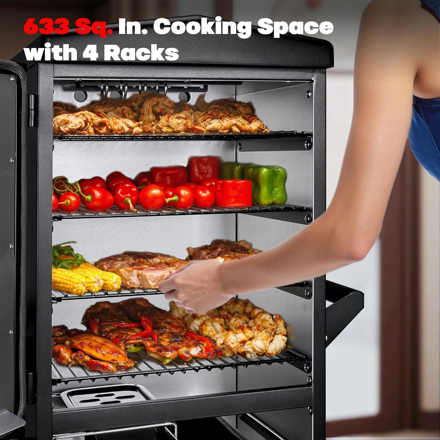 Digital Electric Smoker with Cover, LED Display Build in Meat Probe Large Capacity BBQ Smokers, 4 Racks Smoke More with 633 sq in Cooking Area