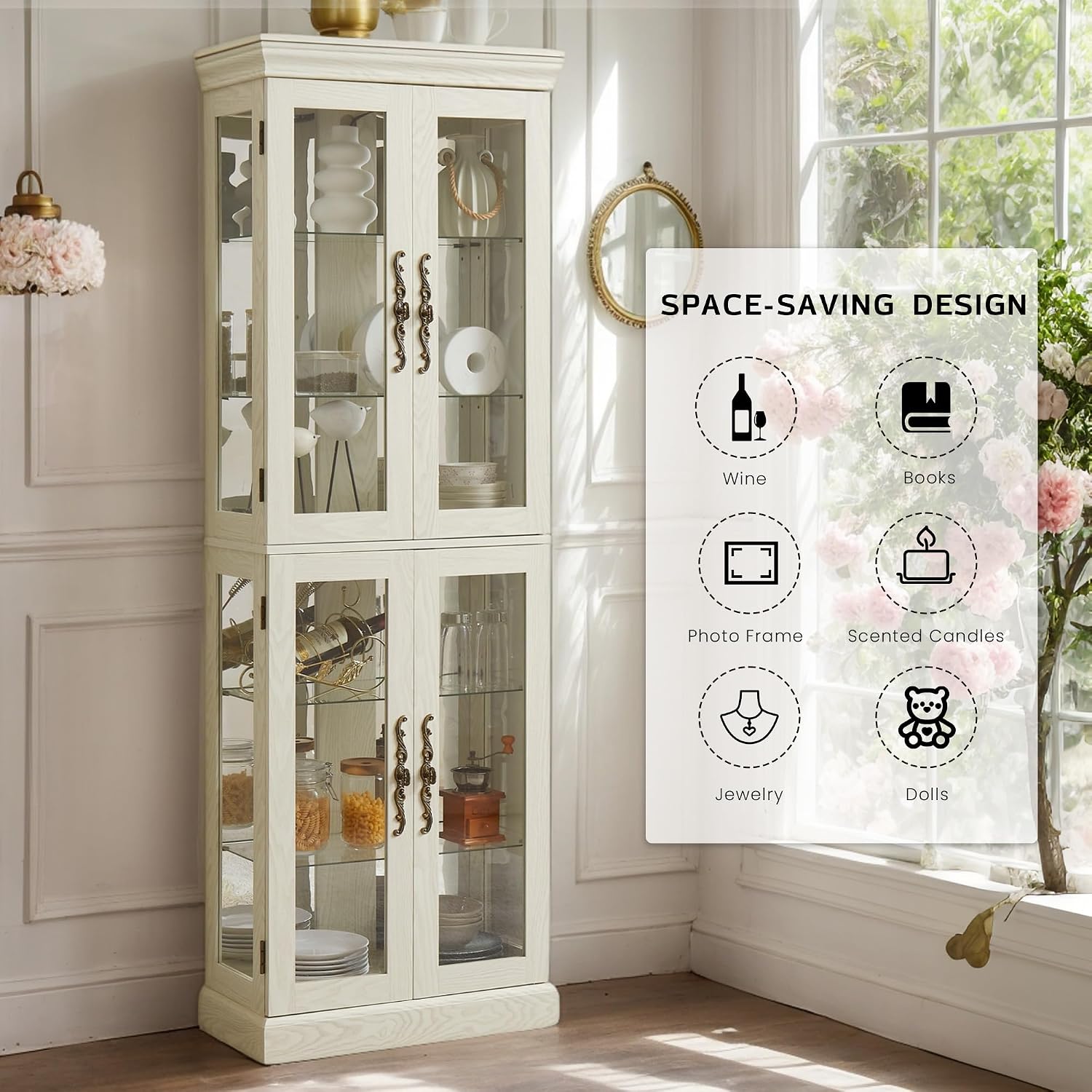 71' Lighted Curio Cabinet with 6 Adjustable Shelves, Vintage Glass Display Case, Tempered Glass Doors, Tall Wine Bar Cabinet for Living Room Liquor Storage, Bulb Included