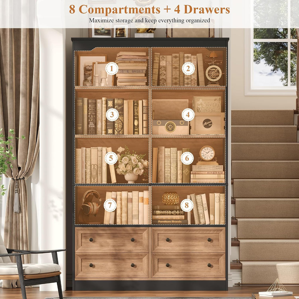 FINETONES 71' Tall Bookshelf with 4 Drawers, 6-Tier Double Wide Bookshelves and Bookcases with Storage, Tall Bookshelf Large Standing Book Cabinet for Home Office, Brown/Black