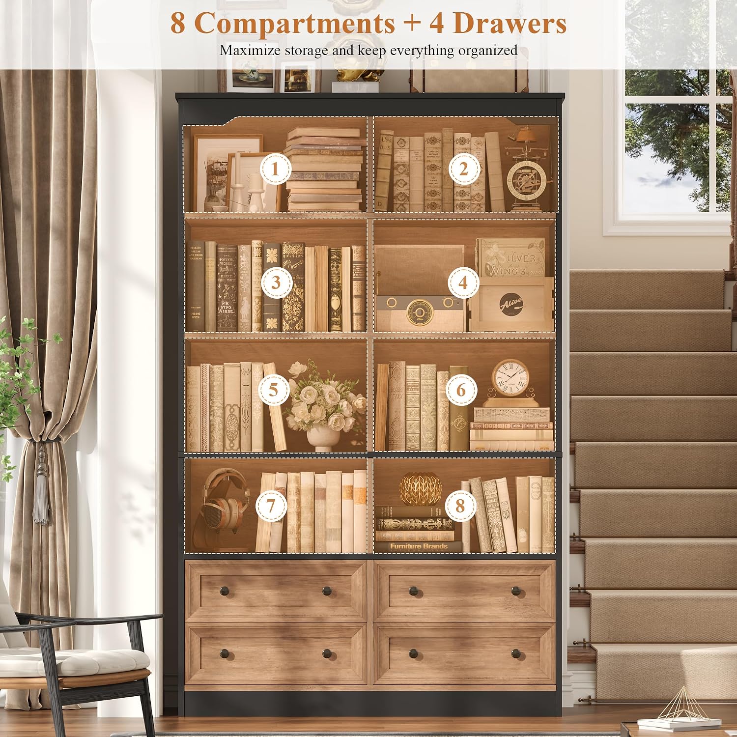 FINETONES 71' Tall Bookshelf with 4 Drawers, 6-Tier Double Wide Bookshelves and Bookcases with Storage, Tall Bookshelf Large Standing Book Cabinet for Home Office, Brown/Black