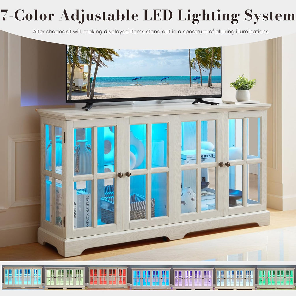 59' W LED Curio Cabinet with 7 Color Lights, Vintage Glass Display Case with Glass Doors, Smartphone-Controlled, Short Wooden China Cabinet with Adjustable Shelves for Living Room, Entryway (White)