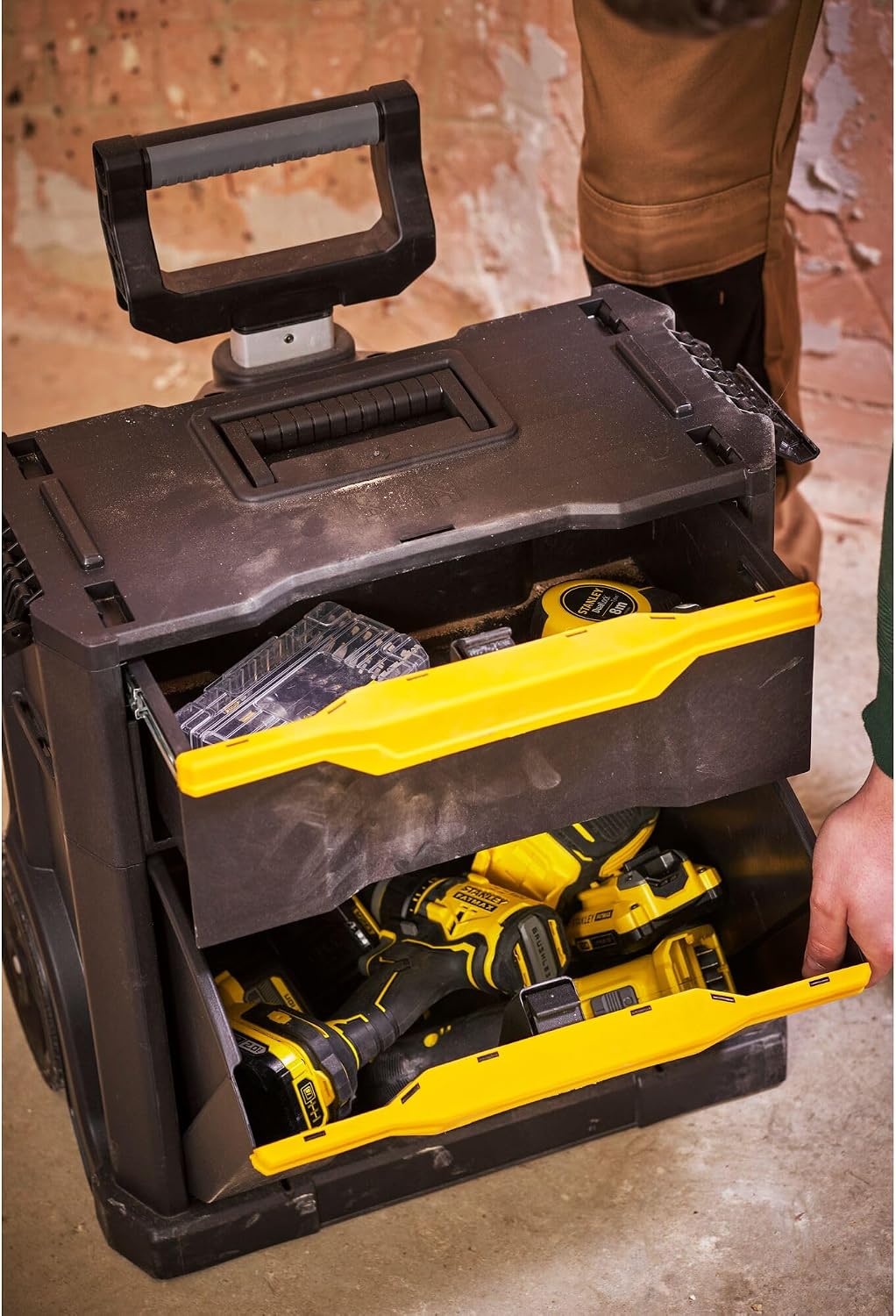 STANLEY 2-in-1 Rolling Workshop Tool Box Empty Tool Box (53 x 75.60 x 32 cm, Tool Carrier with Organiser Attachment, with Two Large Compartments, Telescopic Handle, Made of Robust Plastic) STST1-79231