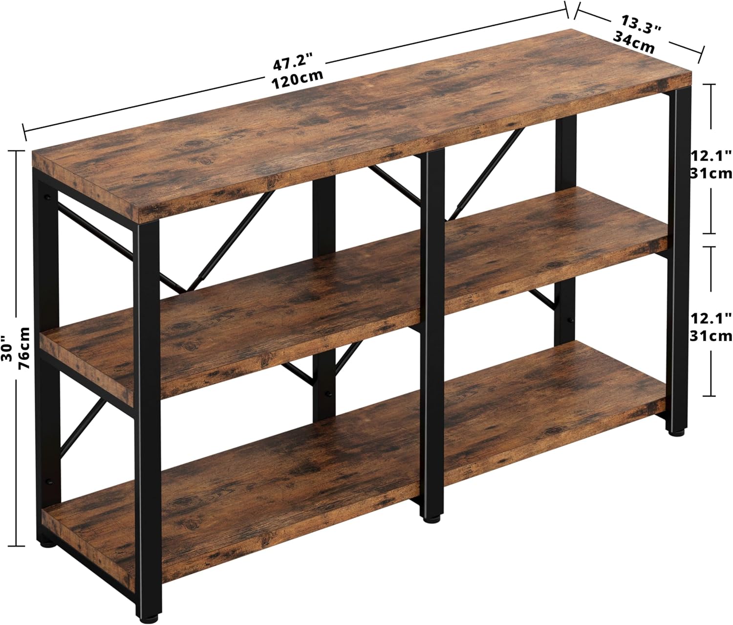 IRONCK Bookshelf Double Wide 47 in 3-Tier, Industrial Bookcases, Wood and Metal Bookshelves, Book Shelves for Home Office Decor Display