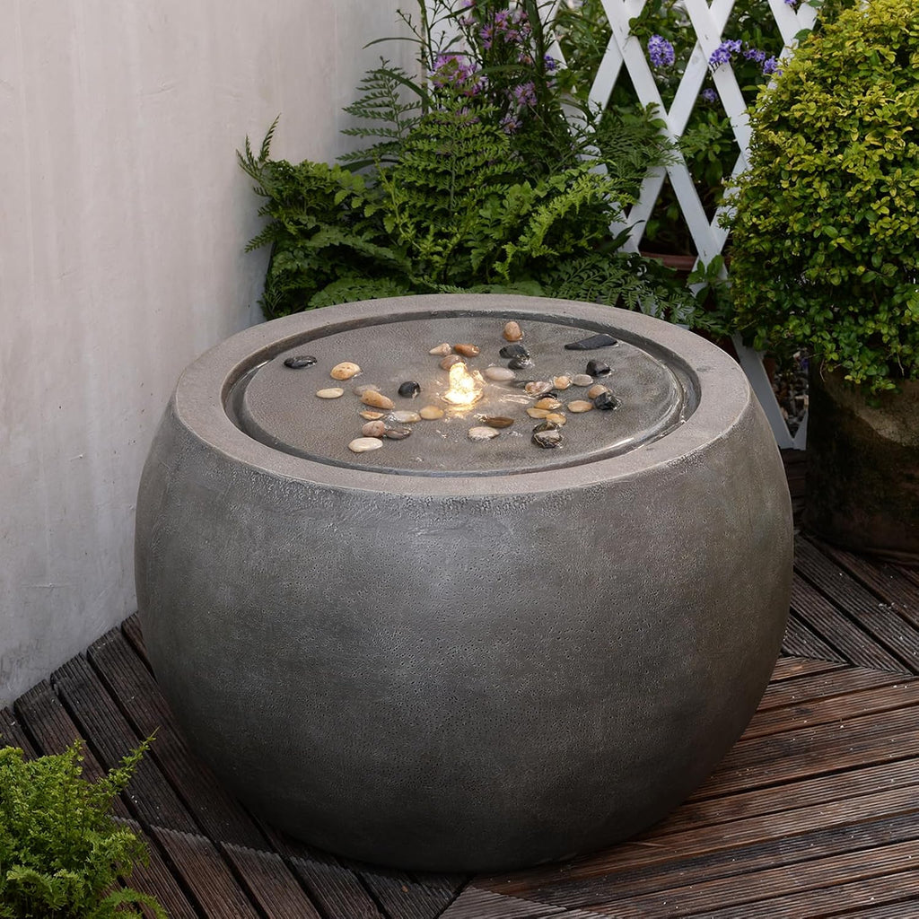 Tankana Garden Water Fountain Outdoor Large Round Bubbler Water Feature Indoor with Lights & Pump and Pebbles Concrete Effect for Patio Pool Pond Yard Home Decor Gray, 25 'L X 25' W X 17.5' H