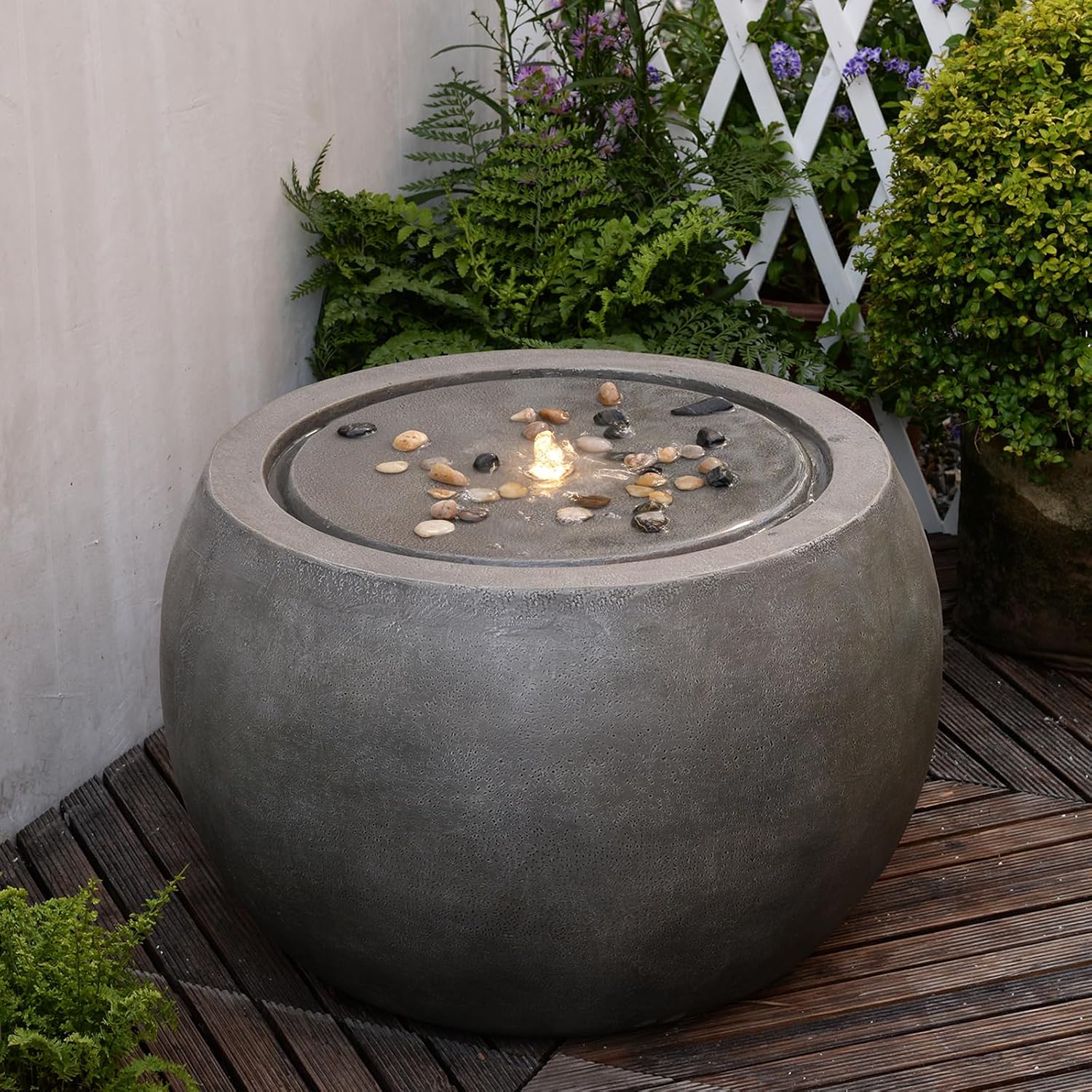 Tankana Garden Water Fountain Outdoor Large Round Bubbler Water Feature Indoor with Lights & Pump and Pebbles Concrete Effect for Patio Pool Pond Yard Home Decor Gray, 25 'L X 25' W X 17.5' H