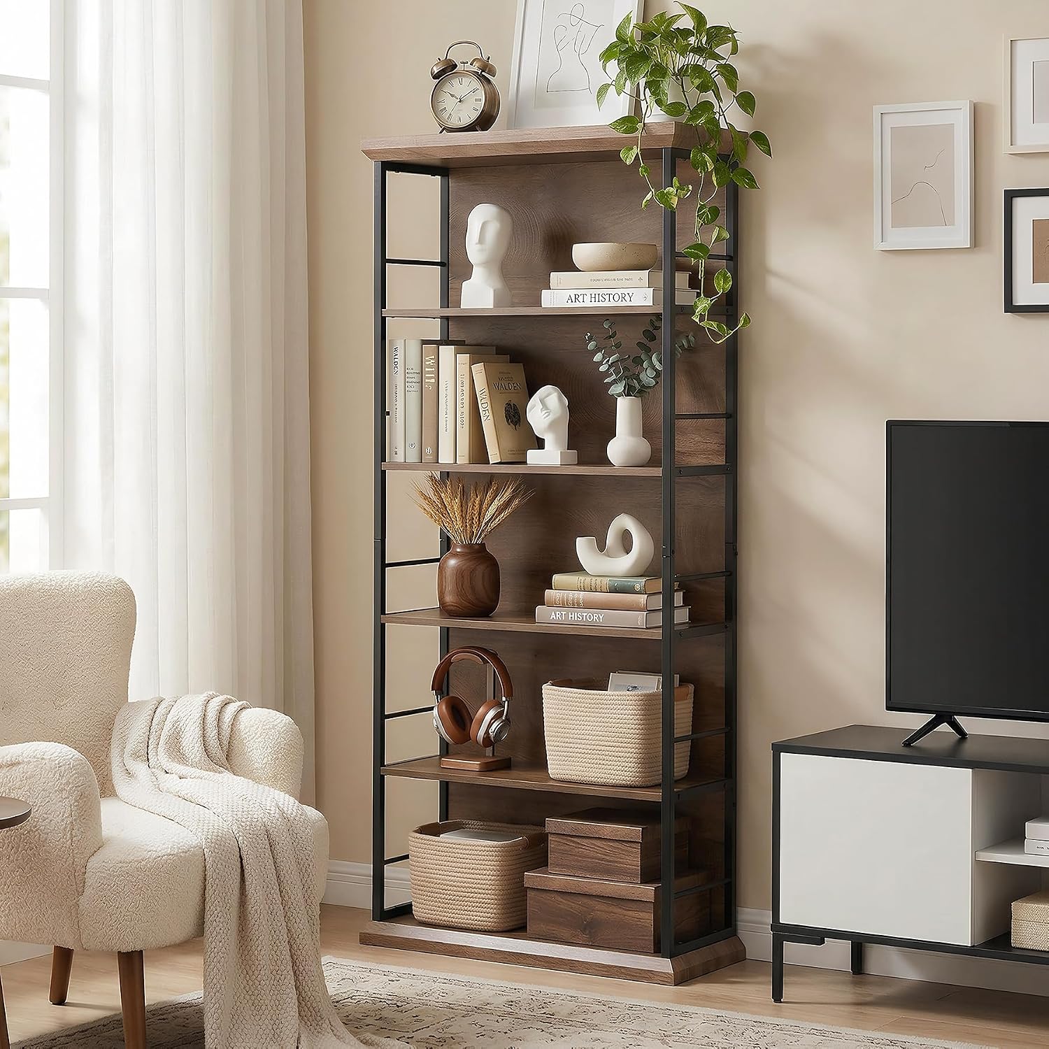 LITTLE TREE 5-Tier Bookcase, 72 Inches Farmhouse Wooden Bookshelf, Free-Standing Display Storage Shelves for Home Office, Living Room, Kitchen Room, Brown