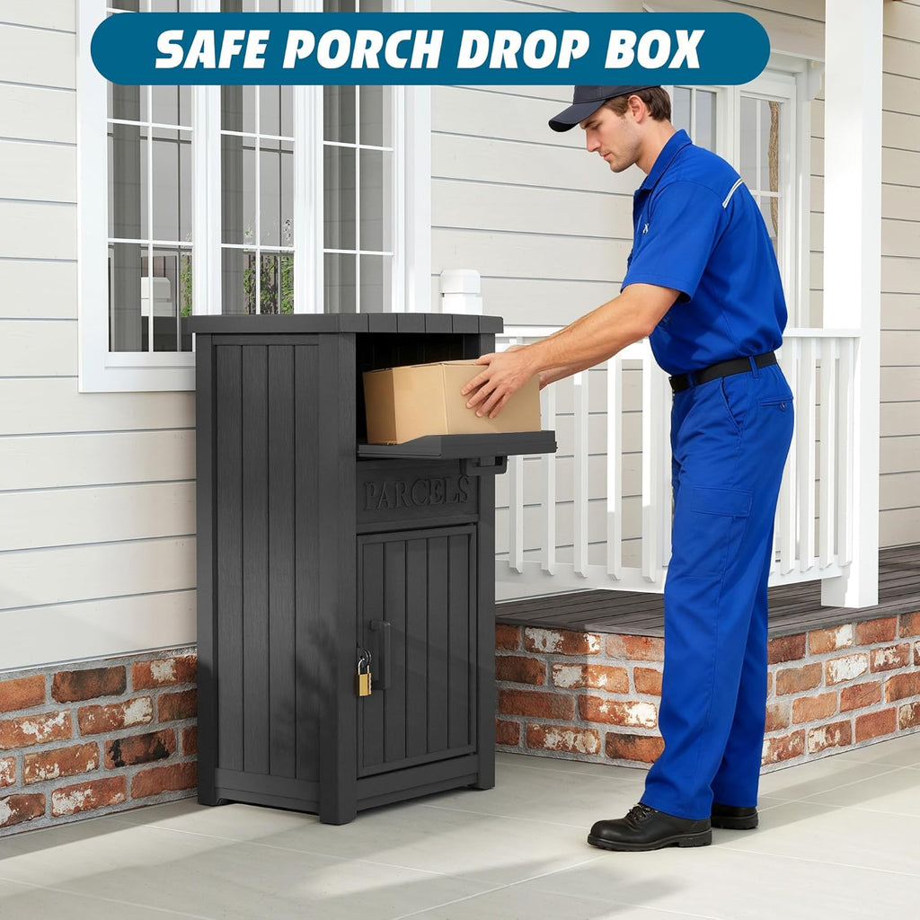 LHBGO Package Delivery Box with Sign, Lockable & Weatherproof Anti-Theft Parcel Delivery Box for Porch, Curbside, Patio，Black