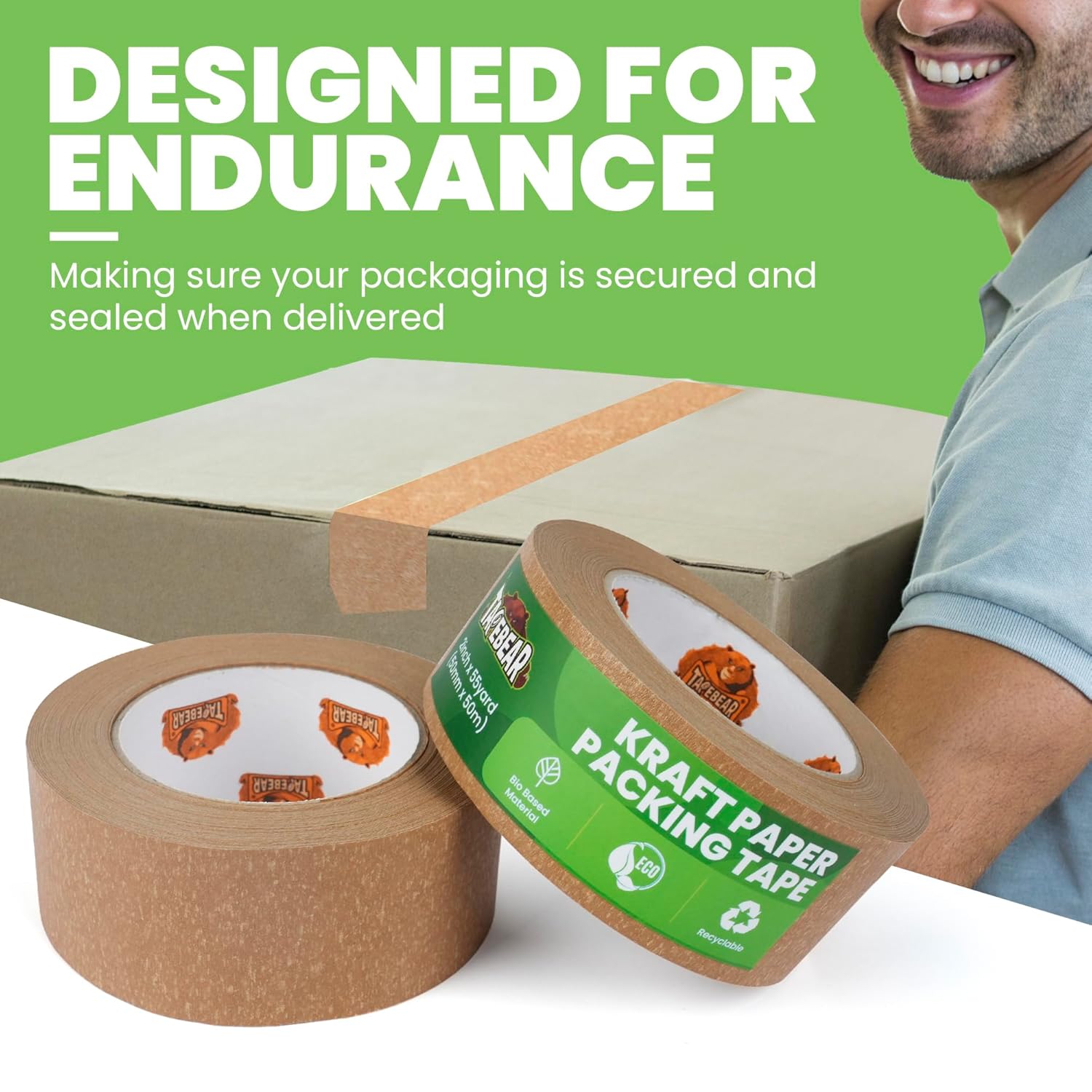 TAPEBEAR Eco-Friendly Kraft Paper Tape, Biodegradable Heavy Duty Packing Tape 2Inch x 55Yard, Recyclable Packaging Tape Self Adhesive Box Tape for Shipping, Sealing, Moving & Masking, 48Rolls