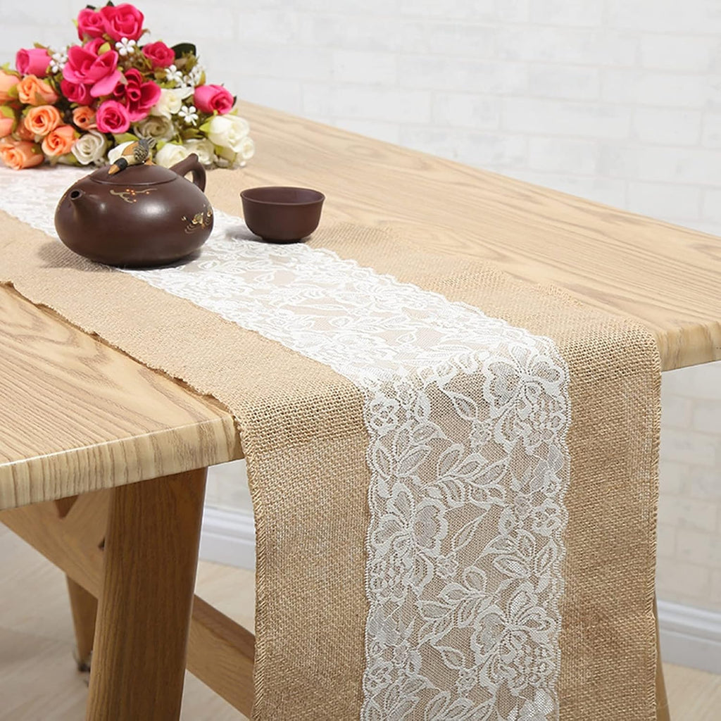 Table Runner RENRUIRUI- 10 Pack Burlap Lace for Rustic Farmhouse Style Wedding Banquet Birthday Party Table Decor,12 X 108 Inch