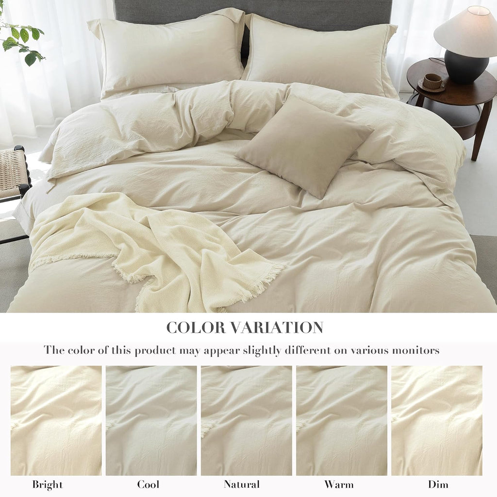 Cooling Duvet Cover Set 3 Pieces-100% Washed Cotton with Chic Wide Trim Design Linen Like Textured Ultra Soft Cozy Bedding with Zipper Closure(Hemmed Almond Grey,Oversized King 120'x98')