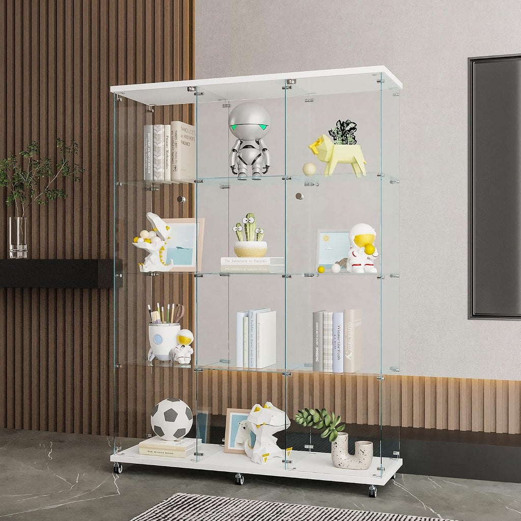 4 Shelves Glass Display Cabinet Extra Large, Curio Collection Glass Display Case for Home Office, Floor Standing Bookshelf Corner Cabinet for Book Toys Glory (White)