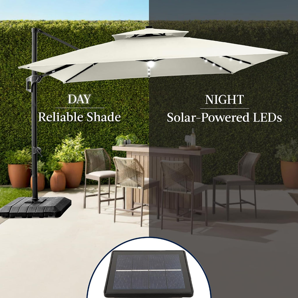 Best Choice Products 12x12ft LED Cantilever Patio Umbrella w/Base Included & 360° Rotation, Large Solar Offset Hanging Outdoor Sun Shade for Deck, Backyard Table w/Stand & Lights – Ivory