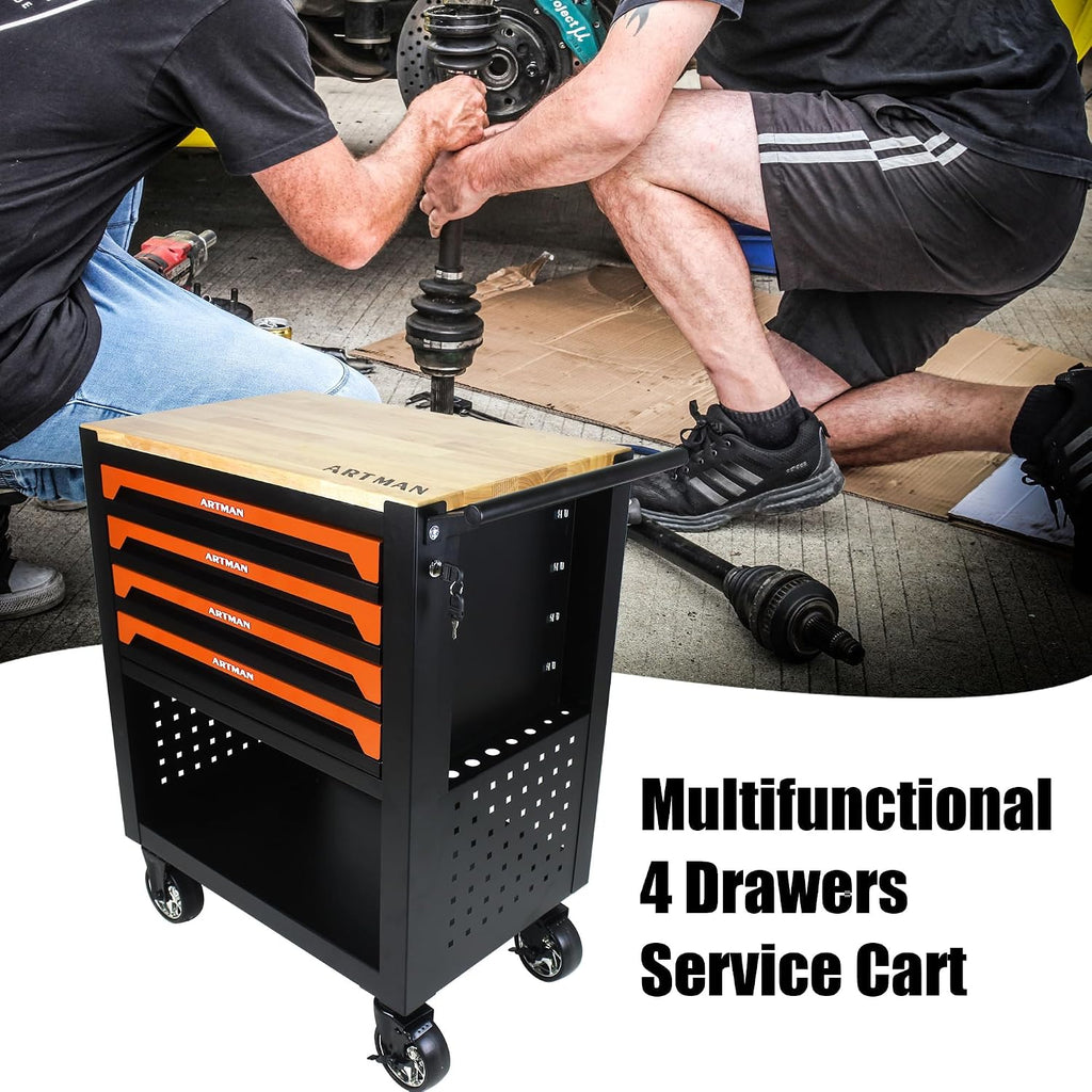Campfun 4 Drawers Tool Box with Wheels Rolling Tool Cart with Drawers, Workbench Tool Box, Wooden Top Tool Boxes, Metal Multifunction Tool Cart for Garage, Warehouse, Repair Shop, Orange