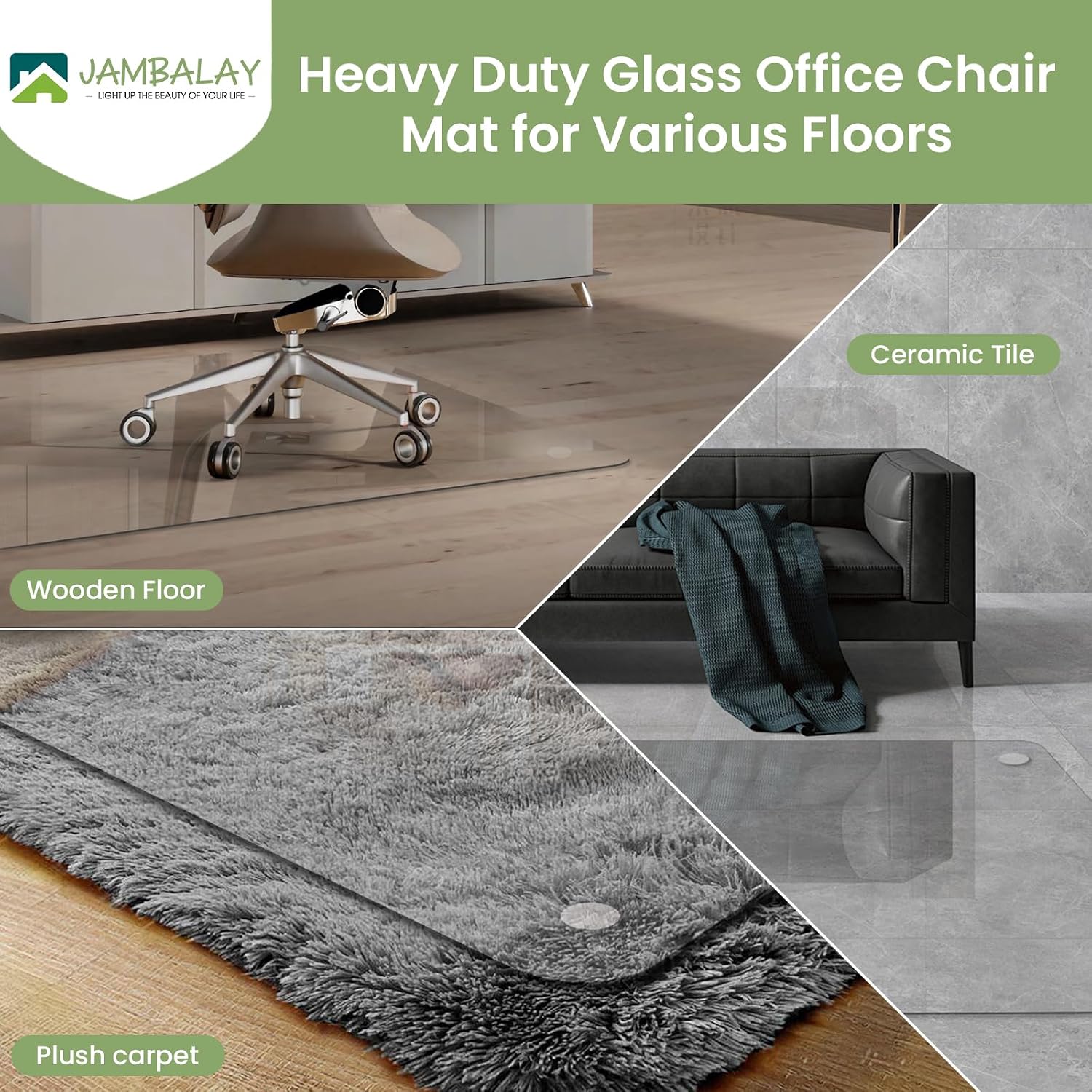 JAMBALAY 55″×46″ Tempered Glass Chair Mat, Heavy Duty Glass Office Floor Mat for Carpets and Wooden Floor, with 12 Anti-Slip Pads, Polished Edges and Round Corners, Easy Roll On, Thick 0.2″