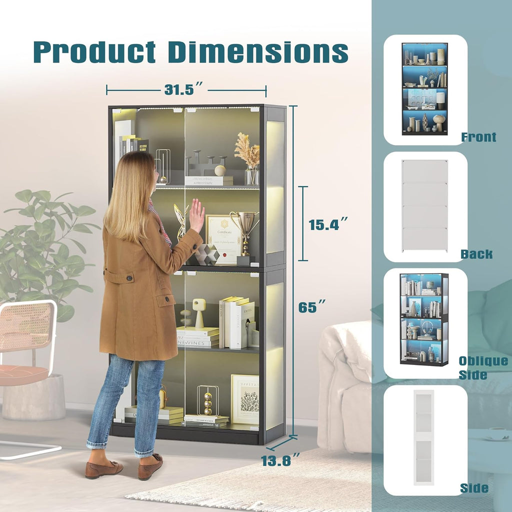Grepatio Glass Display Cabinet, 4-Tier Display Cases for Collectibles, Curio Cabinet with Smart Color Lights, Display Shelf Bookcase Kids Toy Cabinets for Collectible, Living Room, Playroom (Black)