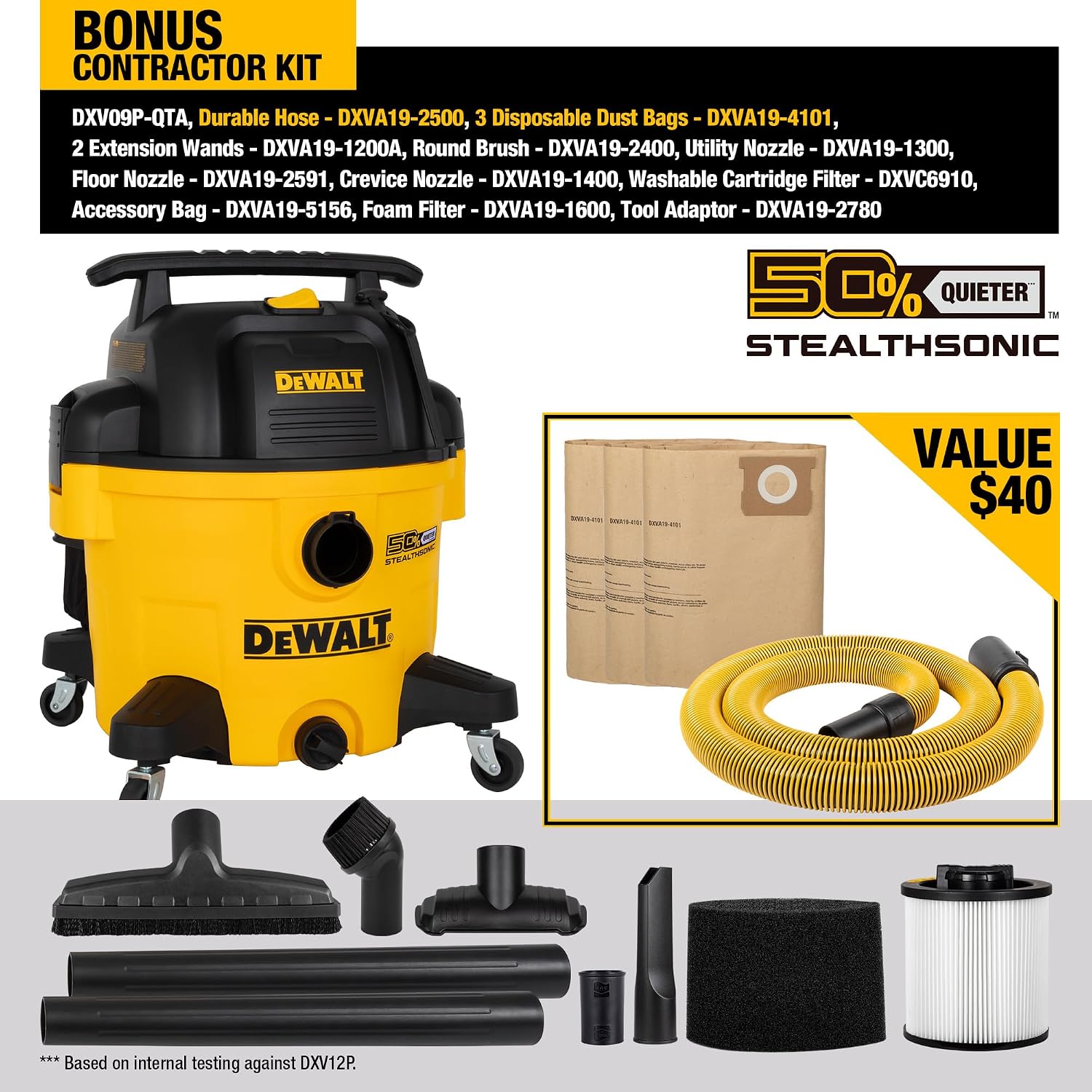 DEWALT 9 Gallon STEALTHSONIC Ultra Quiet Poly Shop Vacuum Wet/Dry, DXV09P-QTA Noise Reduction Vac for Shop, Heavy Duty Shop Vacuum