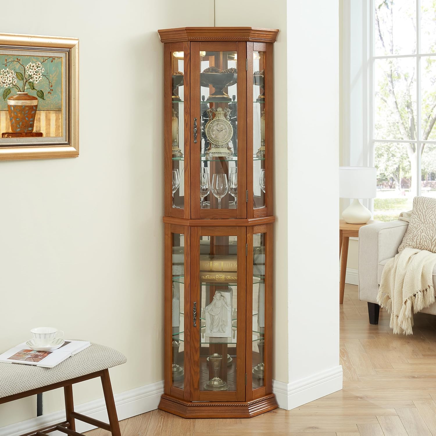 Ball & Cast 70' H Lighted Corner Curio Cabinet, Glass Display Cabinet with 6 Tempered Adjustable Glass Shelves and Doors,Include Light Bulb, Rack for Living Room,Oak