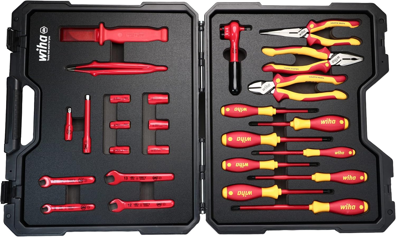 Wiha 91890 26-Piece Insulated EV & Hybrid Tool Set, 1000V VDE Rated, Sockets, Ratchets, Pliers, Screwdrivers