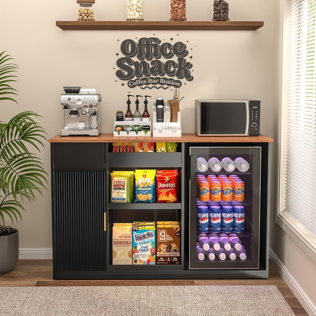 GDLF Snack Bar Cabinet with Fridge Space, Snack Organizer with Storage and Candy Display Shelf, Coffee Station for Home Theater or Game Room, 51.2' L，Black
