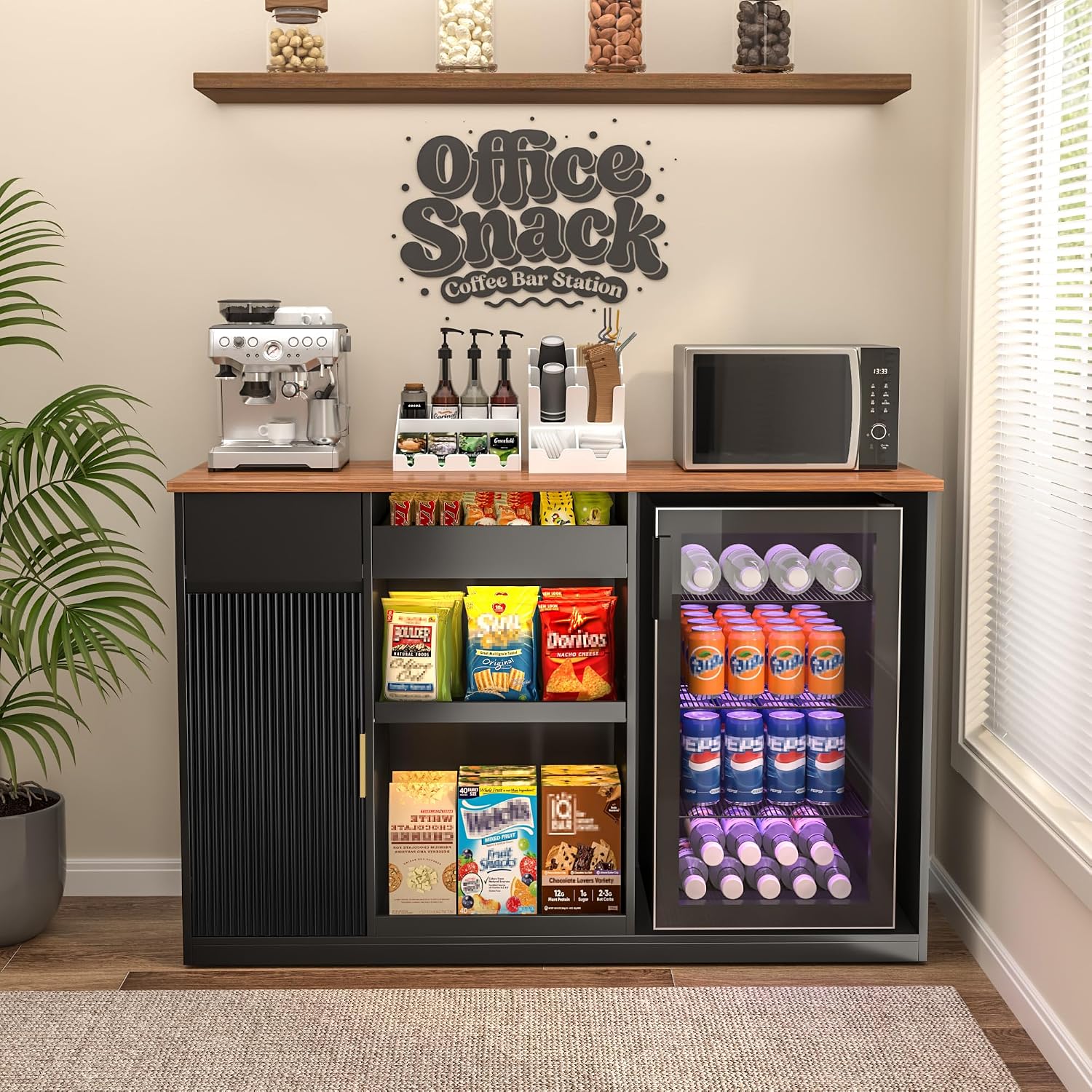 GDLF Snack Bar Cabinet with Fridge Space, Snack Organizer with Storage and Candy Display Shelf, Coffee Station for Home Theater or Game Room, 51.2' L，Black