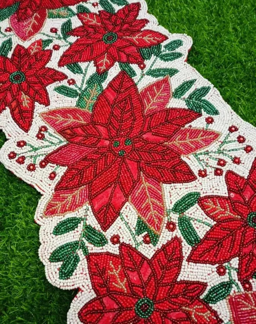 Beaded Poinsettia Table Runner, Red and White with Green Leaves, Christmas Holiday Decor