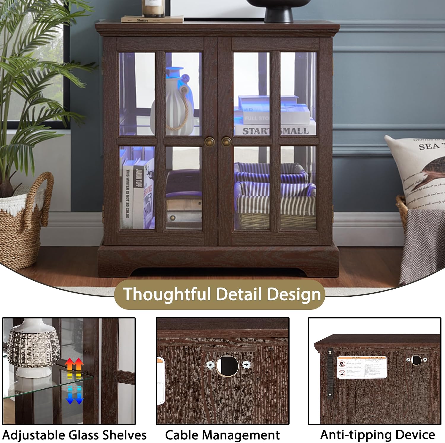 2 Door Curio Display Cabinet with LED Light & Adjustable Shelves, 30' Tableware Display Sideboard w/Mirrored Back Pane, Modern Glass Display Storage Cabinet for Kitchen & Living Room (Cherry)