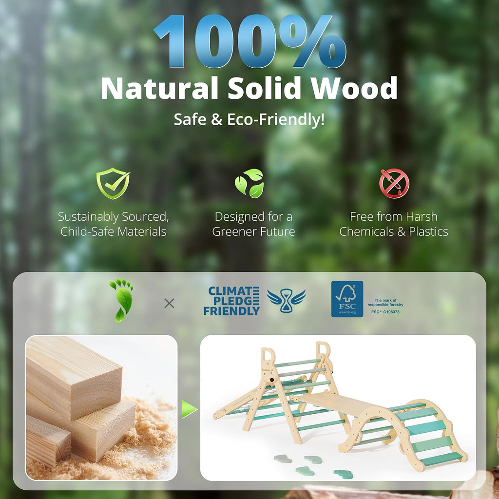 BlueWood 10-in-1 Pikler Triangle Set, Toddler Climbing Toys Indoor, Montessori Climber, Baby Jungle Gyms with Arch, Extra Rope Ladder & Footprint Balance Beam - Emerald Forest