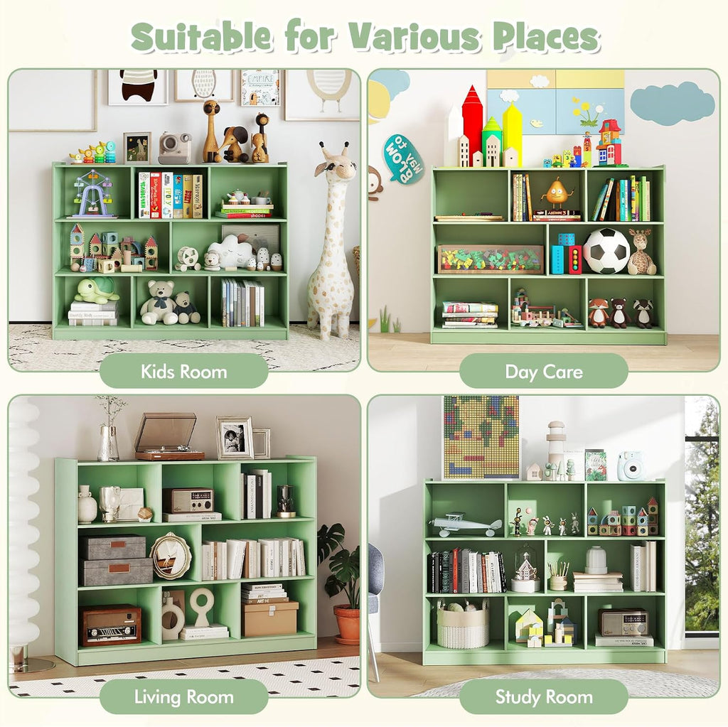 HONEY JOY Kids Toy Storage Organizer, 8-Section Storage Daycare Shelf for Preschool, Children 3-Tier Open Wooden Display Book Shelf Organizer for Classroom, Playroom & Nursery, Kindergarten (Green)