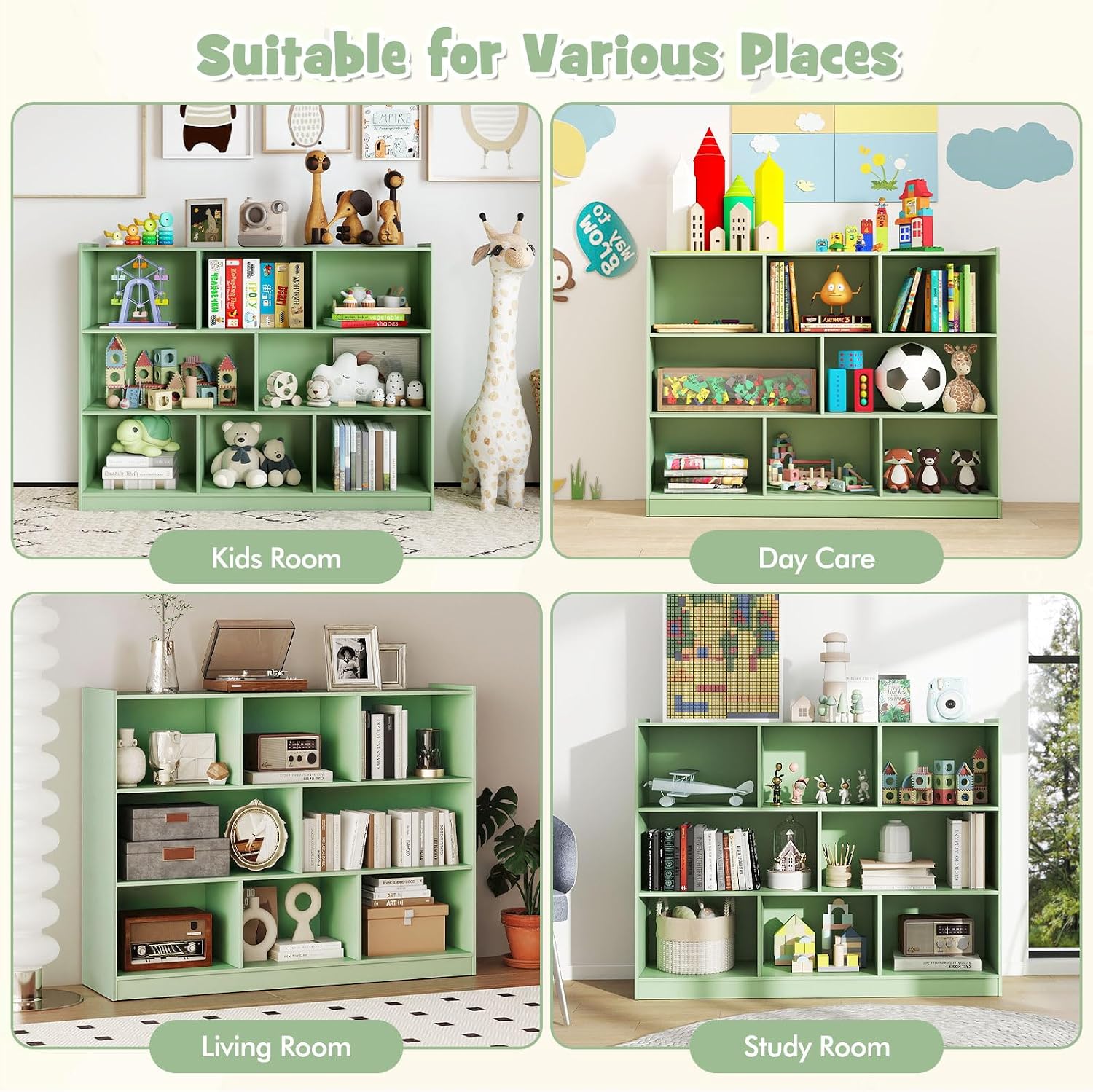 HONEY JOY Kids Toy Storage Organizer, 8-Section Storage Daycare Shelf for Preschool, Children 3-Tier Open Wooden Display Book Shelf Organizer for Classroom, Playroom & Nursery, Kindergarten (Green)