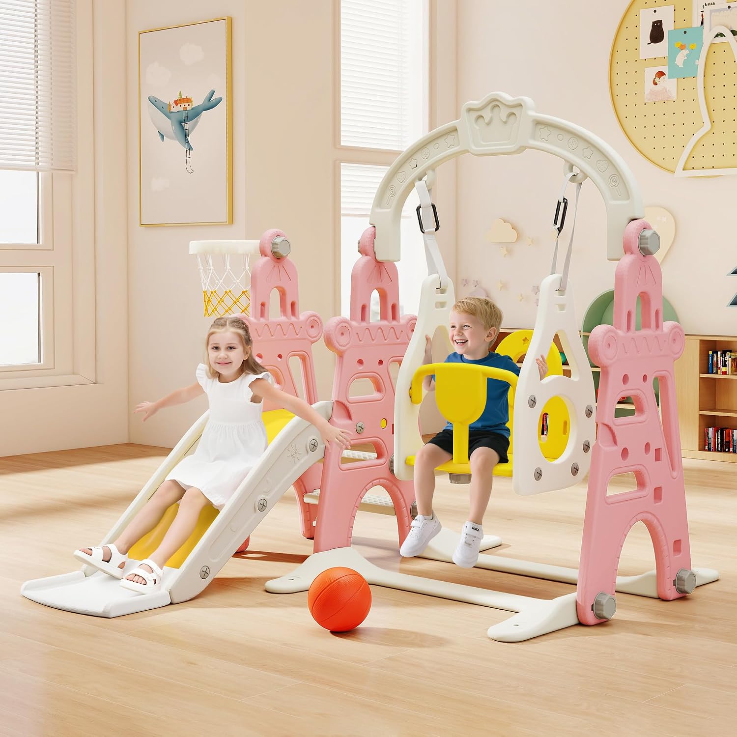 3-in-1 Kids Slide for Toddlers Slide and Swing Set,Indoor Playground for Children,Freestanding Outdoor Slides with Basketball Hoop,Outside Climber Playhouses,Baby Climbing Toys