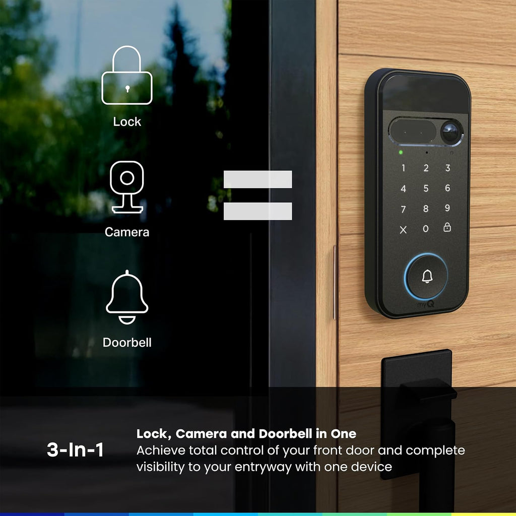 myQ Secure View™ 3-in-1 Smart Lock with 2K HDR Video Doorbell Camera, Face Access, Fingerprint Access, PIN & App Control — Intelligent Entry with Built-in Camera, Color Night Vision & Two-Way Audio