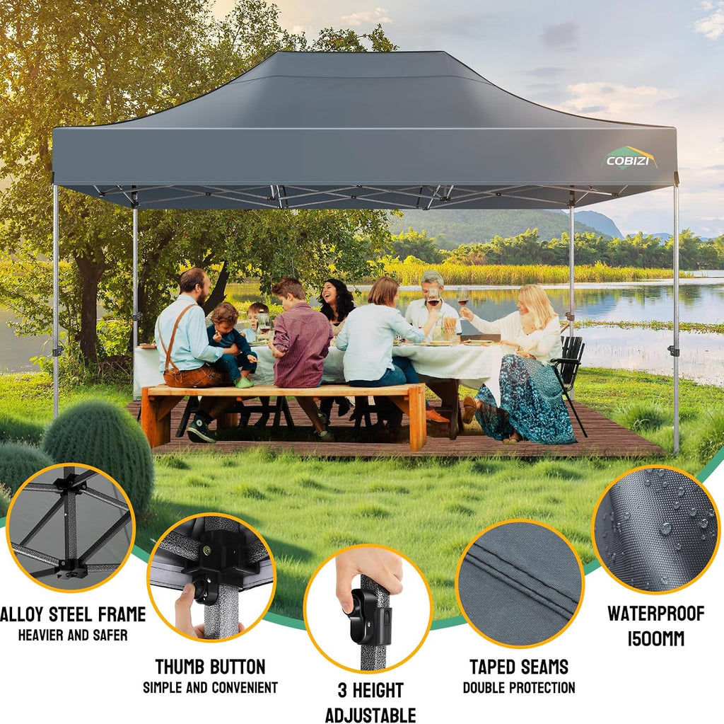 COBIZI 10x15 Pop up Canopy Tent Heavy Duty, Easy Set-up Commercial Outdoor Party Tent, 100% Waterproof Wedding Tents Gazebo, 3 Height Adjustable with Wheeled Bag, Gray